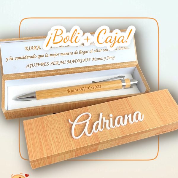 CAJA CON BOLIGRAFO PERSONALIZADO QUE TIERNO MADERA BAMBU PROFE